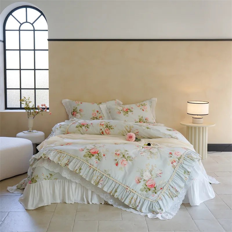 Home Textiles France - 100%Cotton Elegant Floral Ruffle Edge Comfortable
