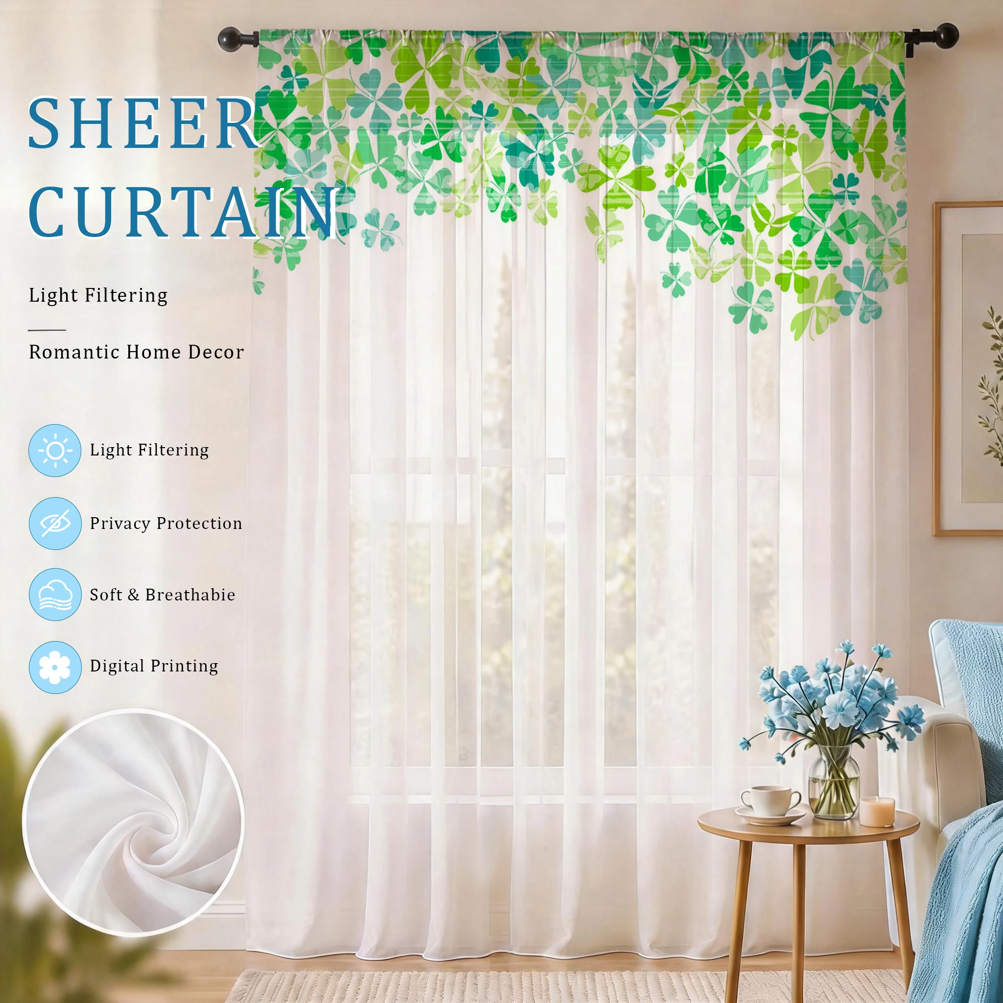 Curtain Sheer Voile - Light blue Modern Gradient Sheer Curtain,
