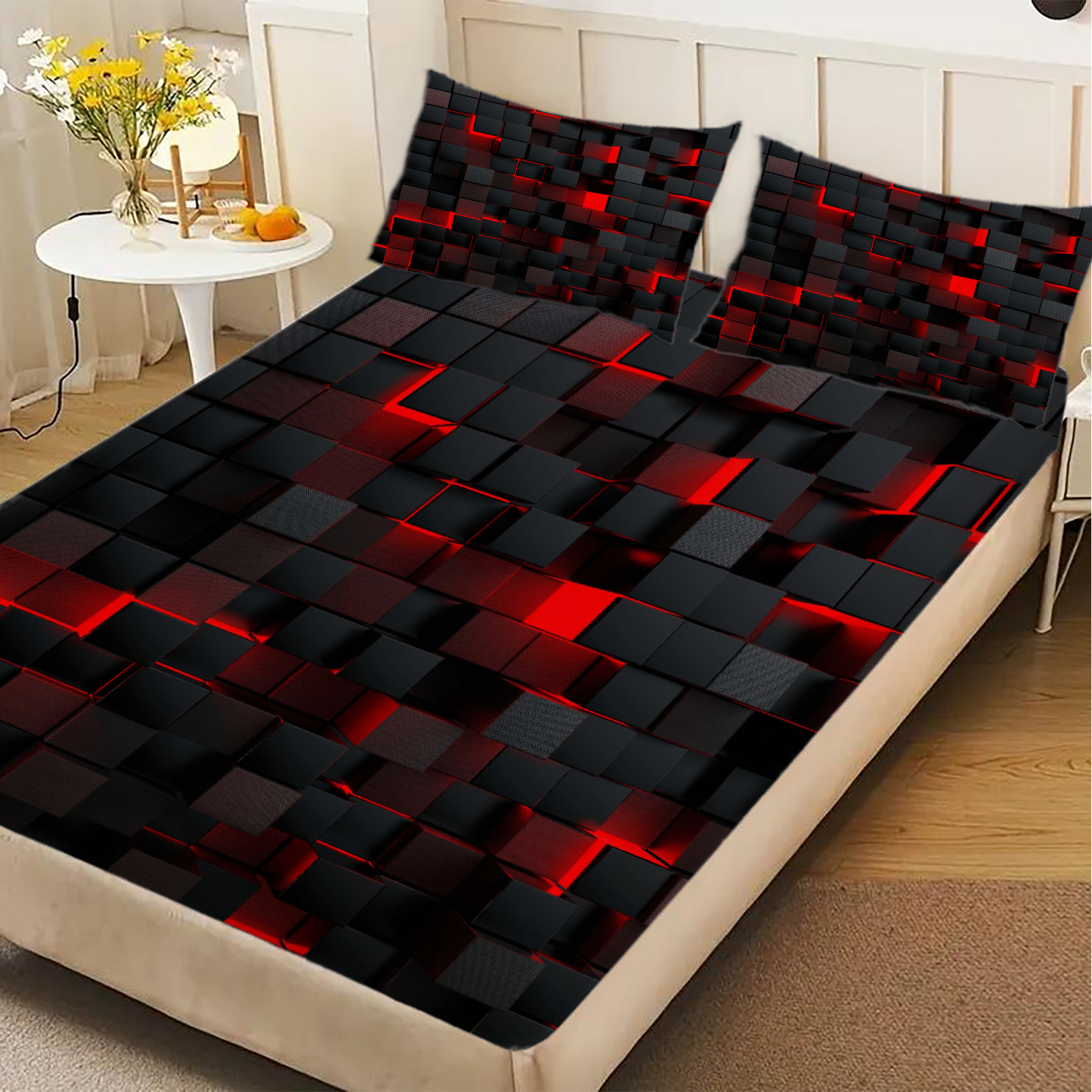 Bed Sheet Microfiber - 1 Piece 3D Red Black Pixel