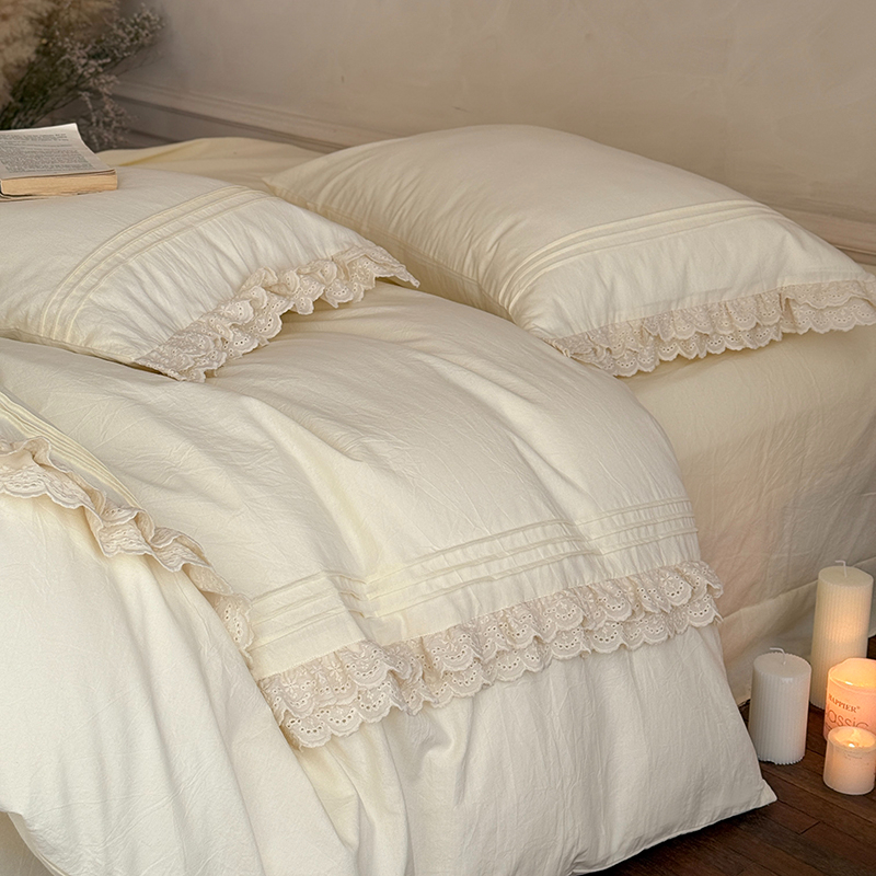 Home Textiles France - 100%Washed Cotton Soft Cream-Colored Bedding Set