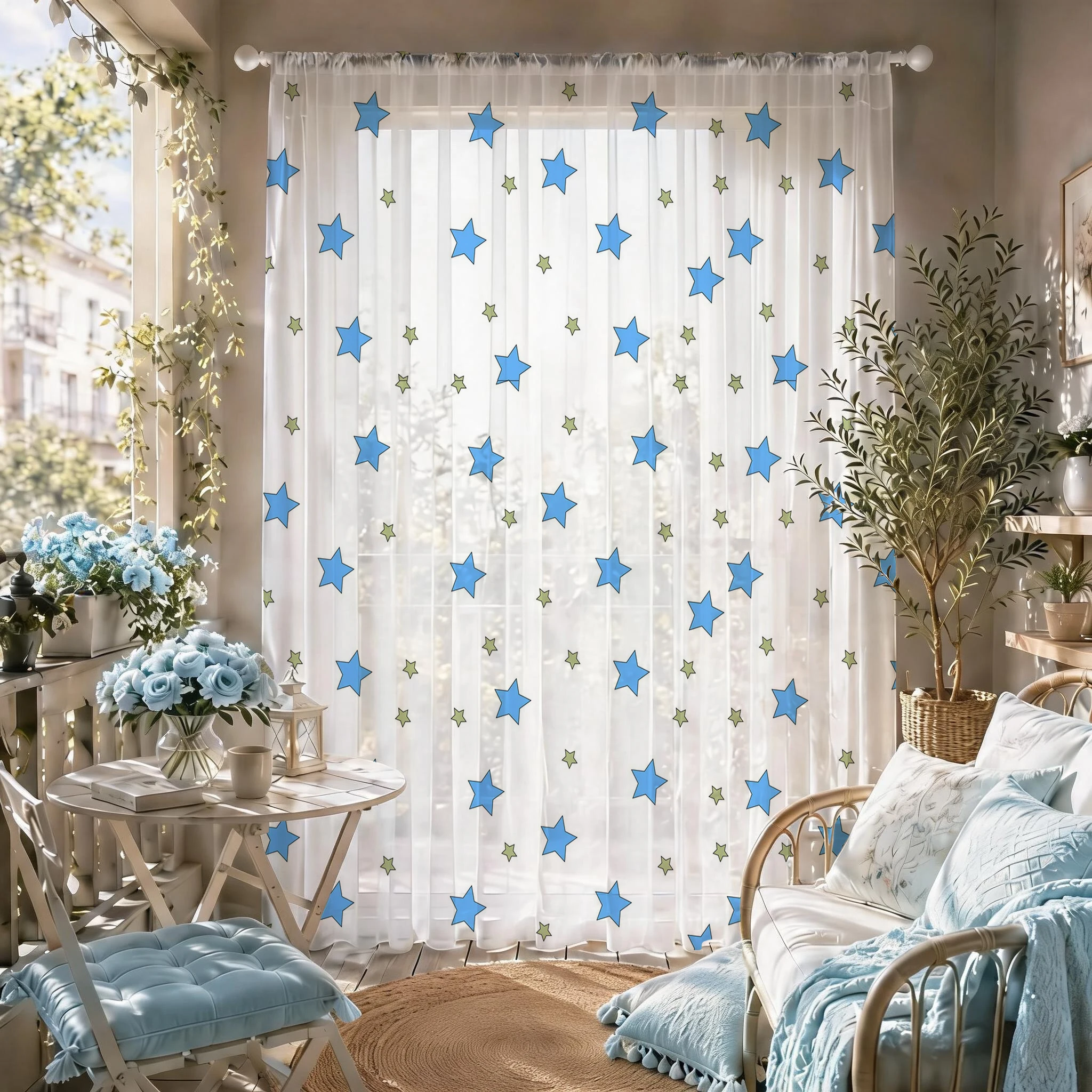 Curtain Sheer Voile - Blue Star Modern Gradient Sheer Curtain,
