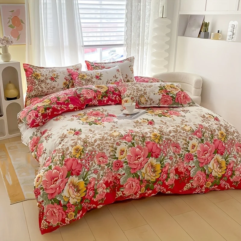 Bed Sheet Microfiber - Floral Duvet Cover Set with Zipper